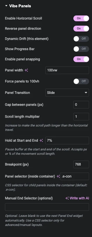 Vibe Panels for Elementor - Side scrolling pages and sites in seconds!